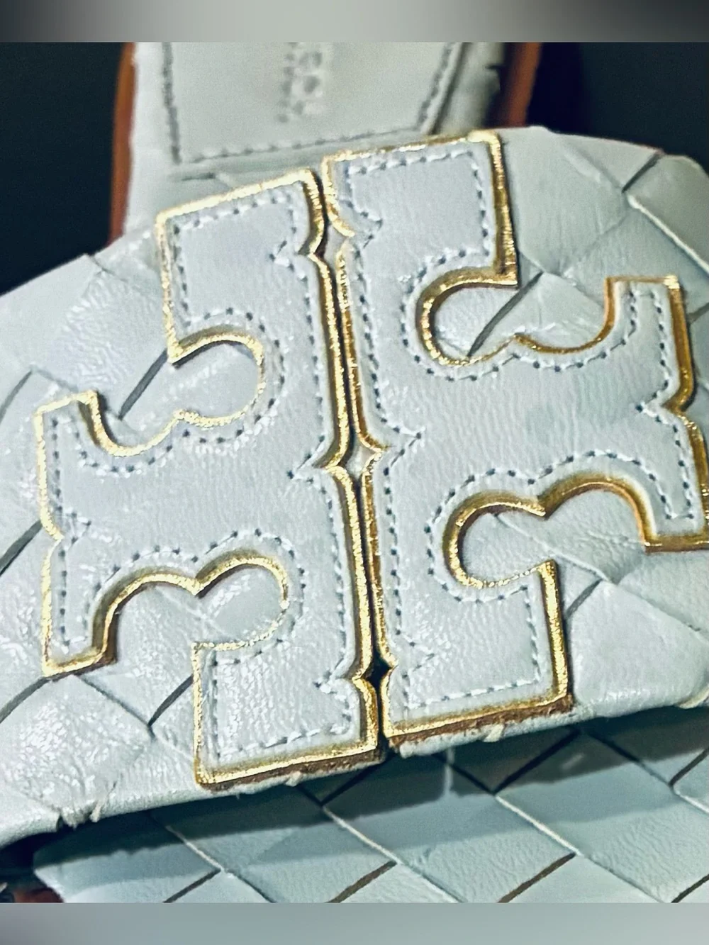 Tory Burch Sandals Slides double T Woven Leather Footbed Blue Gold Sz 6 NWOB